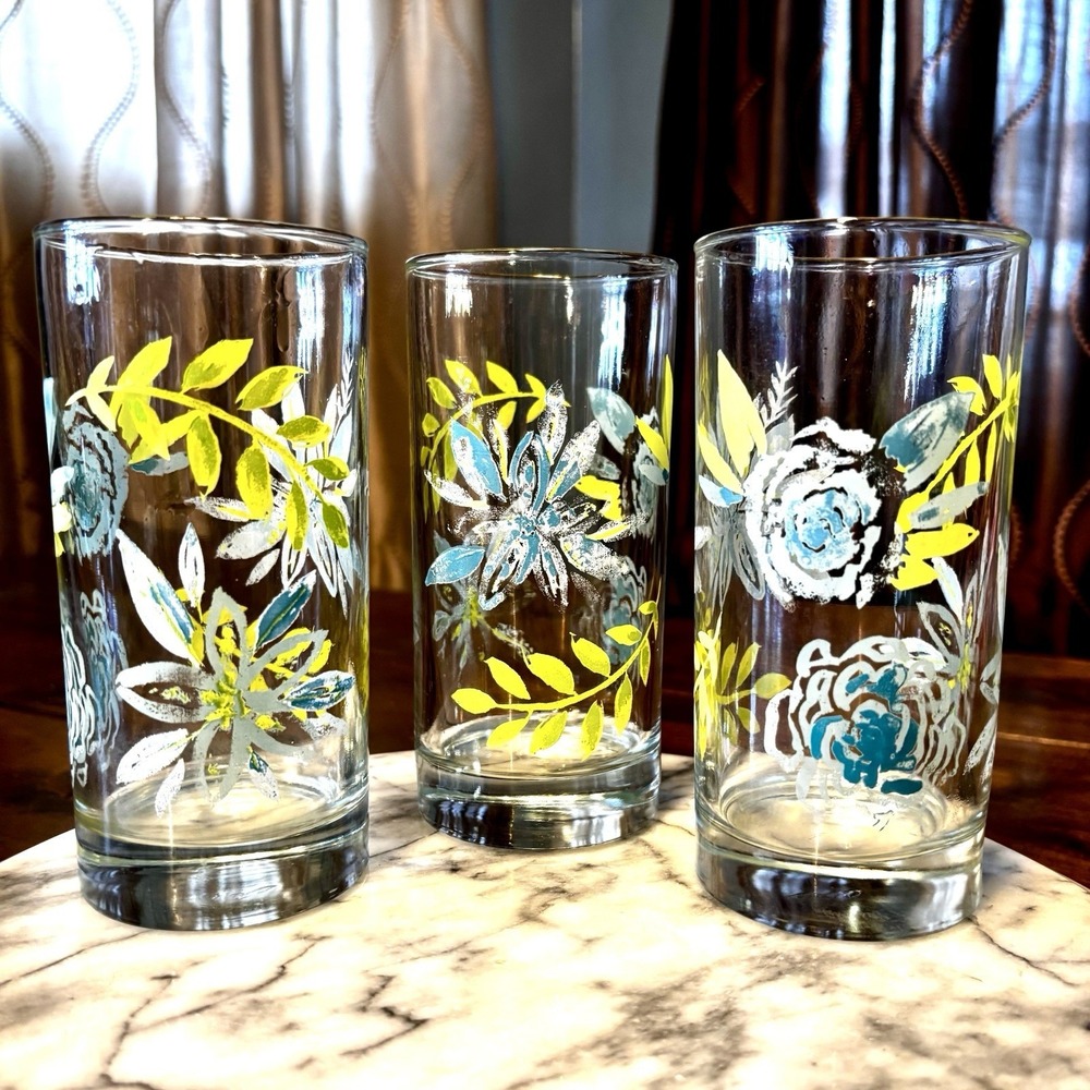 3pc VTG 1960s 60s MCM Libbey Crisa Blue Floral Glasses Glass Tumblers 16oz